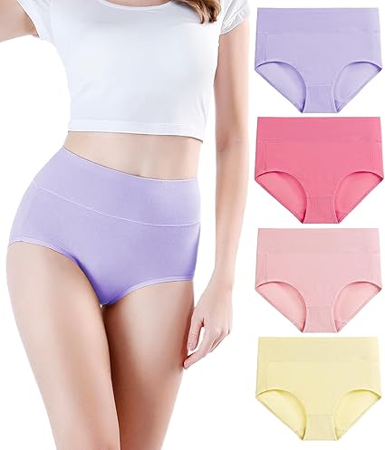 wirarpa Women's Cotton Underwear High Waisted Ladies Panties Full Coverage Briefs 4 Pack (Regular & Plus Size)