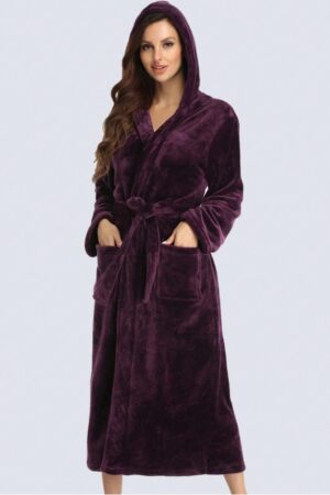 1pc Simple Solid Color Women's Thickened Flannel Hooded Robe For Autumn/Winter Home Use