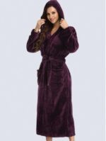 1pc Simple Solid Color Women's Thickened Flannel Hooded Robe For Autumn/Winter Home Use