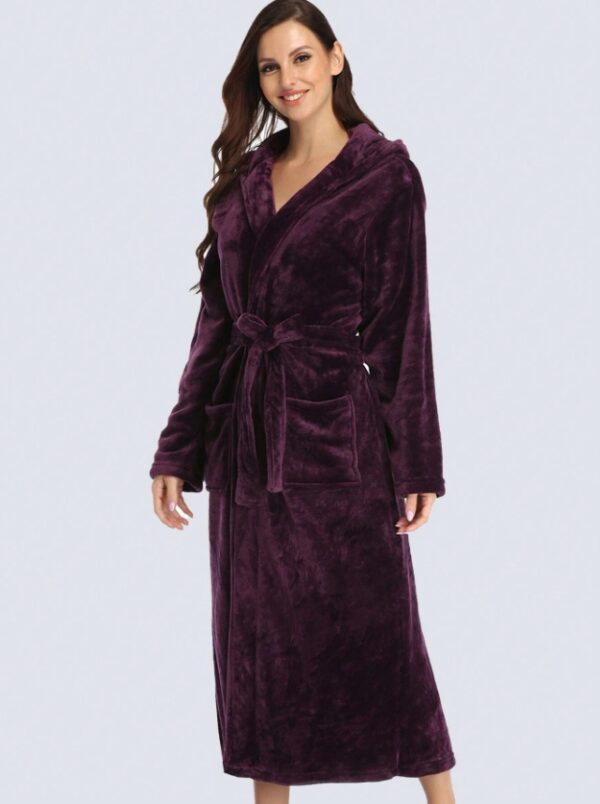 1pc Simple Solid Color Women's Thickened Flannel Hooded Robe For Autumn/Winter Home Use