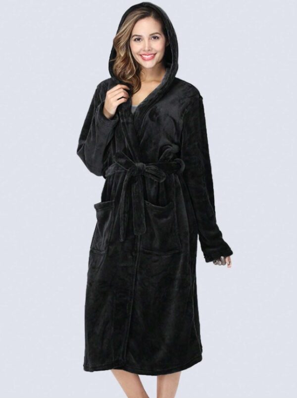 1pc Simple Solid Color Women's Thickened Flannel Hooded Robe For Autumn/Winter Home Use