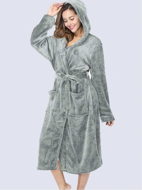 1pc Simple Solid Color Women's Thickened Flannel Hooded Robe For Autumn/Winter Home Use