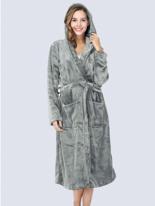 1pc Simple Solid Color Women's Thickened Flannel Hooded Robe For Autumn/Winter Home Use