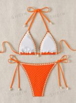 Women's Summer Beach Floral Bikini Set With Fringe Edge Design And Halter Neck Tie