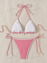 Women's Summer Beach Floral Bikini Set With Fringe Edge Design And Halter Neck Tie