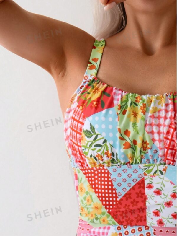 Women's Ditsy Floral Pleated Casual One-Piece Swimsuit For Vacation