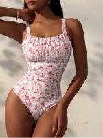 Women's Ditsy Floral Pleated Casual One-Piece Swimsuit For Vacation