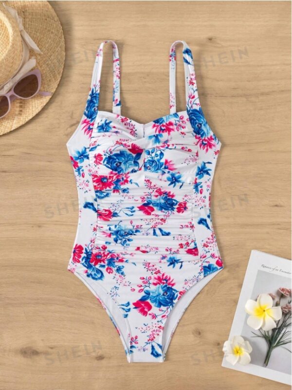 Women Summer Beach Ruched Floral Print One-Piece Swimsuit