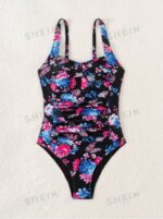 Women Summer Beach Ruched Floral Print One-Piece Swimsuit