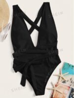 Swim Summer Beach Crisscross Knot Front One Piece Swimsuit