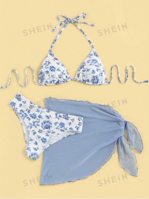 Mod Summer Beach Floral Print Triangle Bikini Set With Beach Skirt