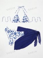 Mod Summer Beach Floral Print Triangle Bikini Set With Beach Skirt