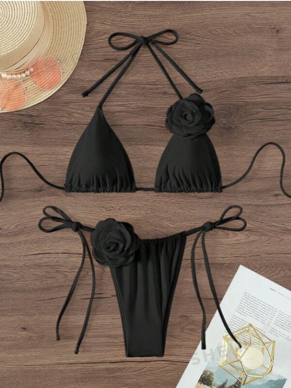 Summer Beach Appliques Halter Triangle Tie Side Bikini Set