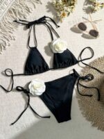 Summer Beach Appliques Halter Triangle Tie Side Bikini Set