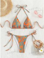 Women's Summer Beach Plant Print Halter Bandage Sexy Bikini Set, Random Print