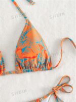 Women's Summer Beach Plant Print Halter Bandage Sexy Bikini Set, Random Print