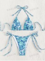 Women's Summer Beach Plant Print Halter Bandage Sexy Bikini Set, Random Print