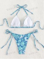 Women's Summer Beach Plant Print Halter Bandage Sexy Bikini Set, Random Print