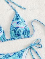 Women's Summer Beach Plant Print Halter Bandage Sexy Bikini Set, Random Print