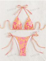 Women's Summer Beach Plant Print Halter Bandage Sexy Bikini Set, Random Print