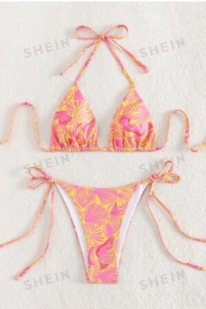 Women's Summer Beach Plant Print Halter Bandage Sexy Bikini Set, Random Print