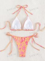 Women's Summer Beach Plant Print Halter Bandage Sexy Bikini Set, Random Print