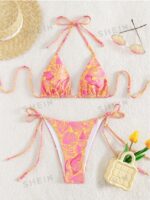 Women's Summer Beach Plant Print Halter Bandage Sexy Bikini Set, Random Print