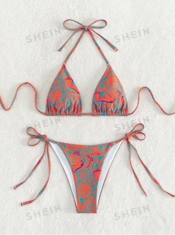 Women's Summer Beach Plant Print Halter Bandage Sexy Bikini Set, Random Print