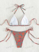 Women's Summer Beach Plant Print Halter Bandage Sexy Bikini Set, Random Print