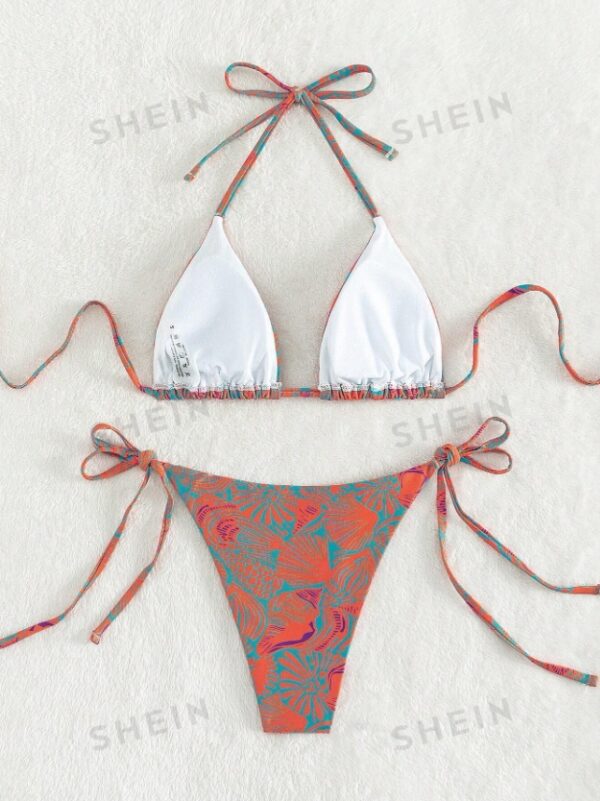 Women's Summer Beach Plant Print Halter Bandage Sexy Bikini Set, Random Print