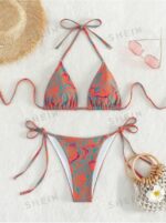 Women's Summer Beach Plant Print Halter Bandage Sexy Bikini Set, Random Print