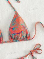 Women's Summer Beach Plant Print Halter Bandage Sexy Bikini Set, Random Print