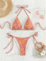 Women's Summer Beach Plant Print Halter Bandage Sexy Bikini Set, Random Print