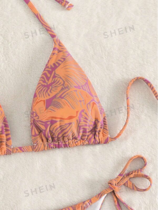 Women's Summer Beach Plant Print Halter Bandage Sexy Bikini Set, Random Print