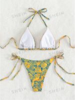 Women's Summer Beach Plant Print Halter Bandage Sexy Bikini Set, Random Print