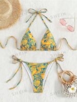 Women's Summer Beach Plant Print Halter Bandage Sexy Bikini Set, Random Print