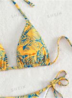 Women's Summer Beach Plant Print Halter Bandage Sexy Bikini Set, Random Print