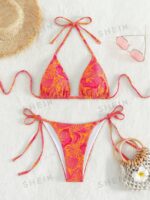 Women's Summer Beach Plant Print Halter Bandage Sexy Bikini Set, Random Print