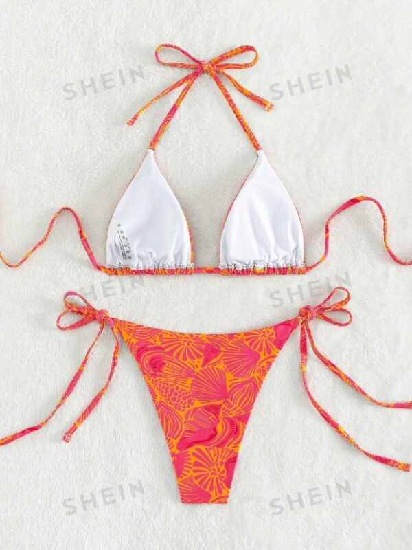 Women's Summer Beach Plant Print Halter Bandage Sexy Bikini Set, Random Print