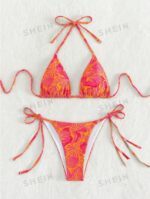 Women's Summer Beach Plant Print Halter Bandage Sexy Bikini Set, Random Print