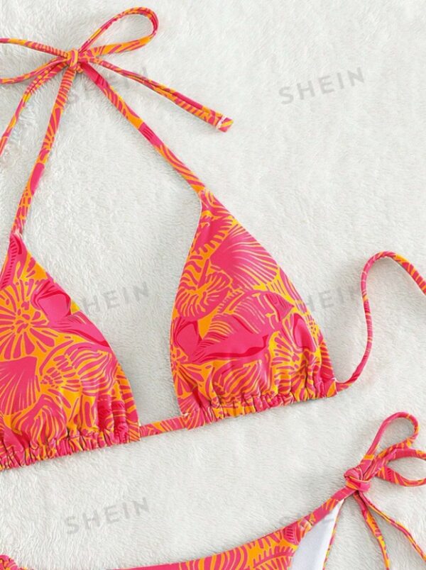 Women's Summer Beach Plant Print Halter Bandage Sexy Bikini Set, Random Print