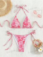 Women's Summer Beach Plant Print Halter Bandage Sexy Bikini Set, Random Print