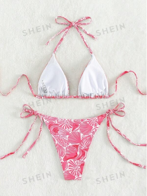 Women's Summer Beach Plant Print Halter Bandage Sexy Bikini Set, Random Print