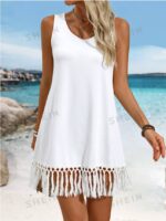 Women's Solid Color Fringe Hem Sleeveless Cover-Up Dress For Summer