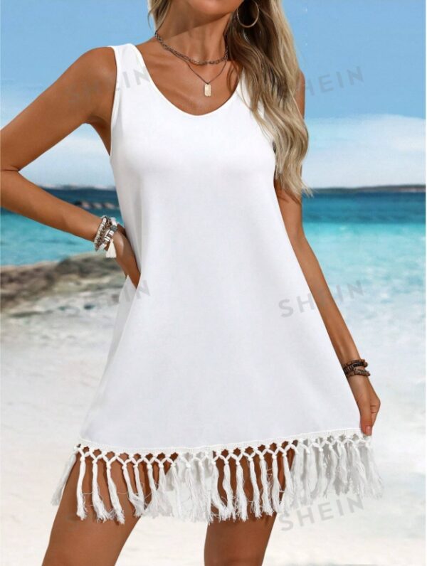 Women's Solid Color Fringe Hem Sleeveless Cover-Up Dress For Summer