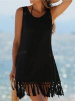 Women's Solid Color Fringe Hem Sleeveless Cover-Up Dress For Summer