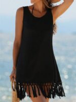 Women's Solid Color Fringe Hem Sleeveless Cover-Up Dress For Summer