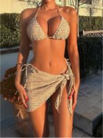 Basics Summer Beach Shirred Halter Triangle Bra & Swim Bottom Bikini Set With Beach Cover Up Skirt Bathing Suit