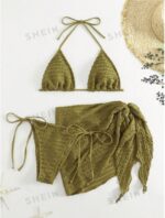 Basics Summer Beach Shirred Halter Triangle Bra & Swim Bottom Bikini Set With Beach Cover Up Skirt Bathing Suit