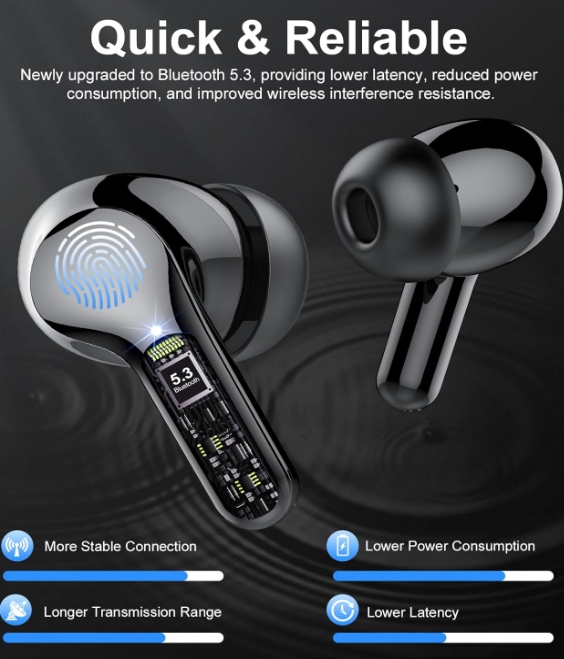 Wireless Earbuds, Bluetooth 5.3 Headphones with 4 ENC Noise Cancelling Mic, Bluetooth Earbuds 40H Playtime , Wireless Headphones in ear Earphones Deep Bass Stereo, LED Display, IP7 Waterproof